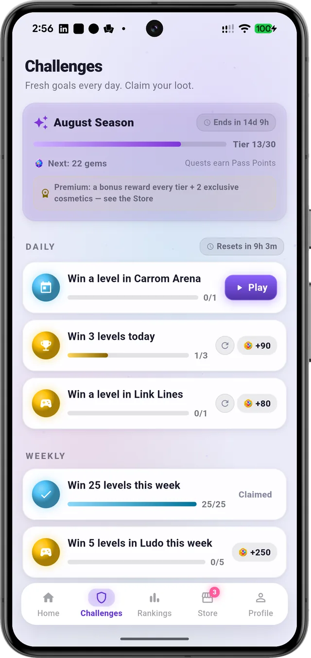 Challenges: Daily and weekly goals across every game, with a season track.