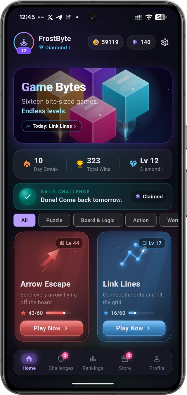 The Game Bytes hub: daily challenge, streak and every game