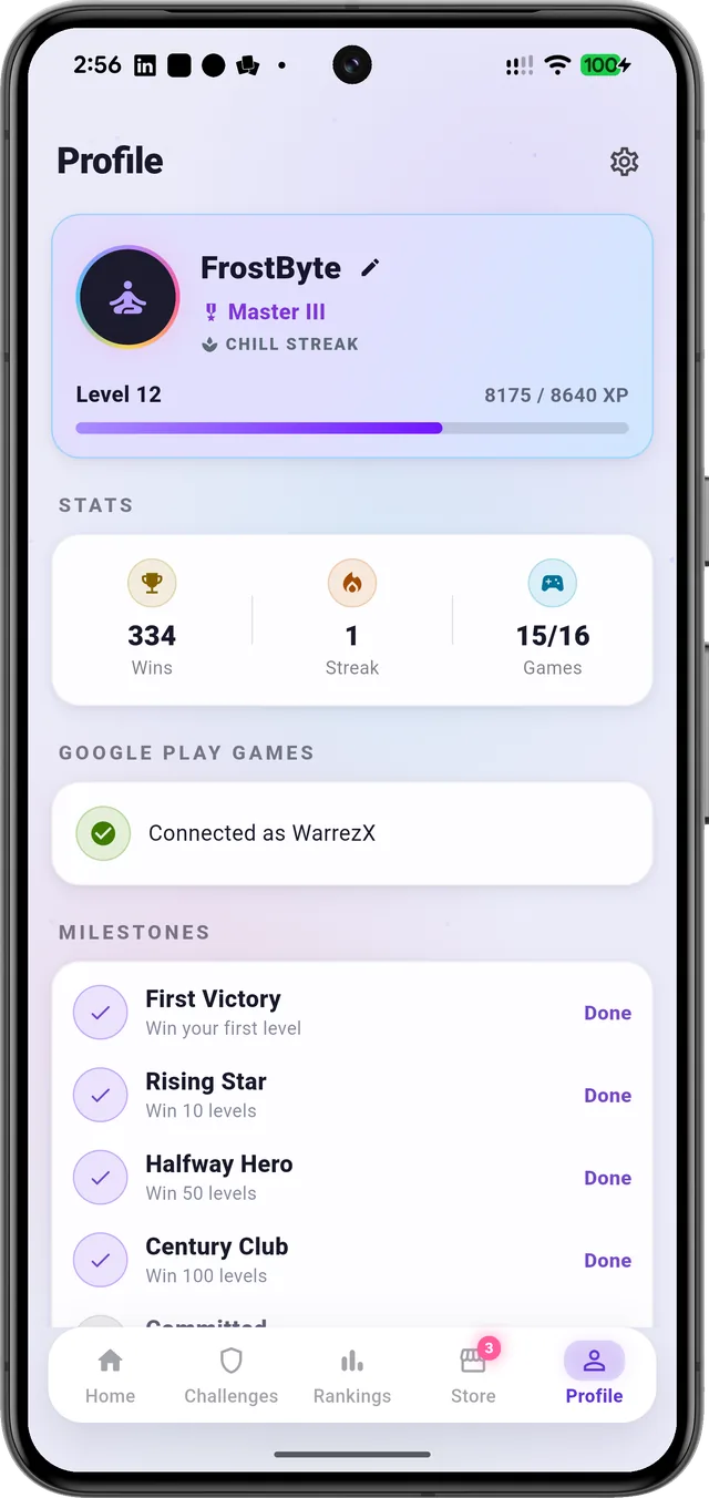 Profile: Your level, streaks and milestones, linked to Google Play Games.