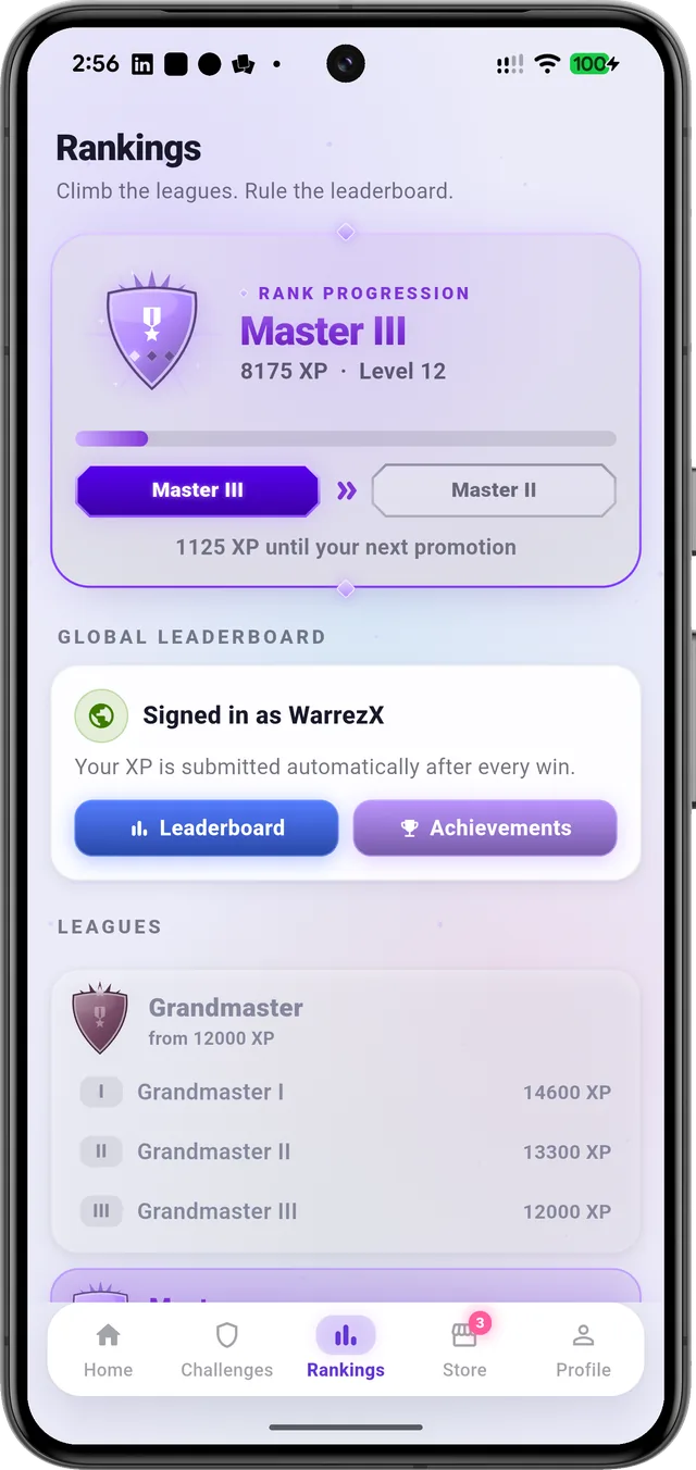 Rankings: Climb the leagues and the global leaderboard with your XP.