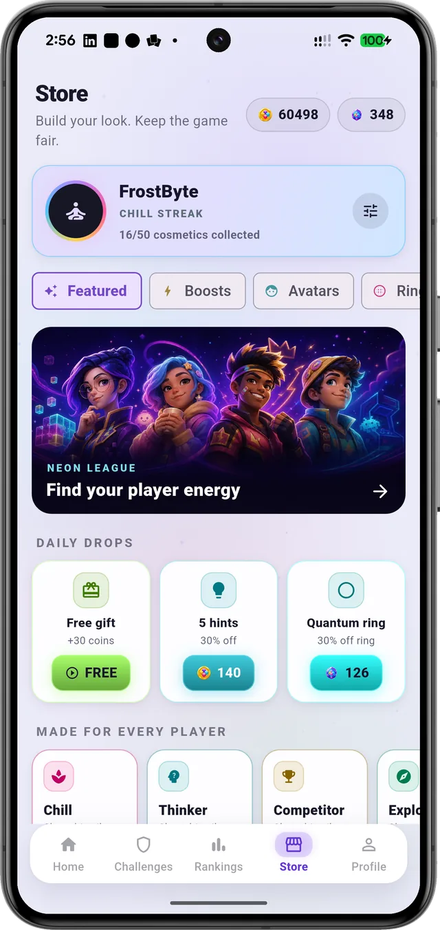 Store: Daily drops, boosts, avatars, rings and player cards.