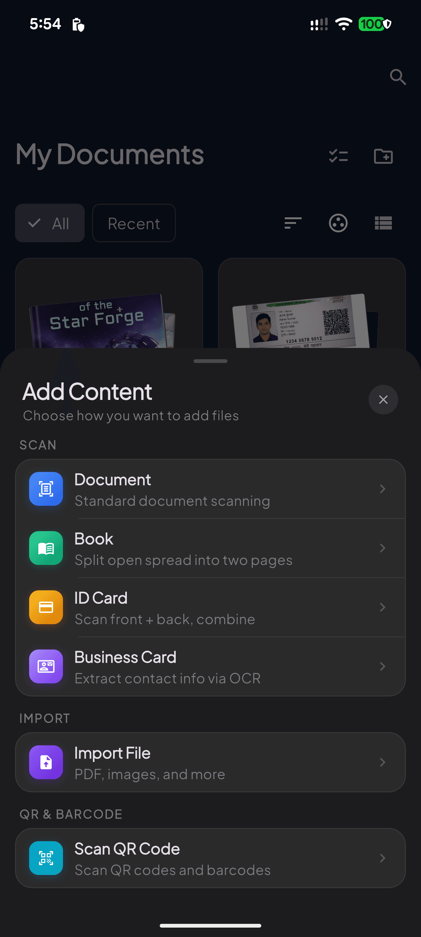 Choose how to add files — Document, Book, ID Card, Business Card, Import or QR.