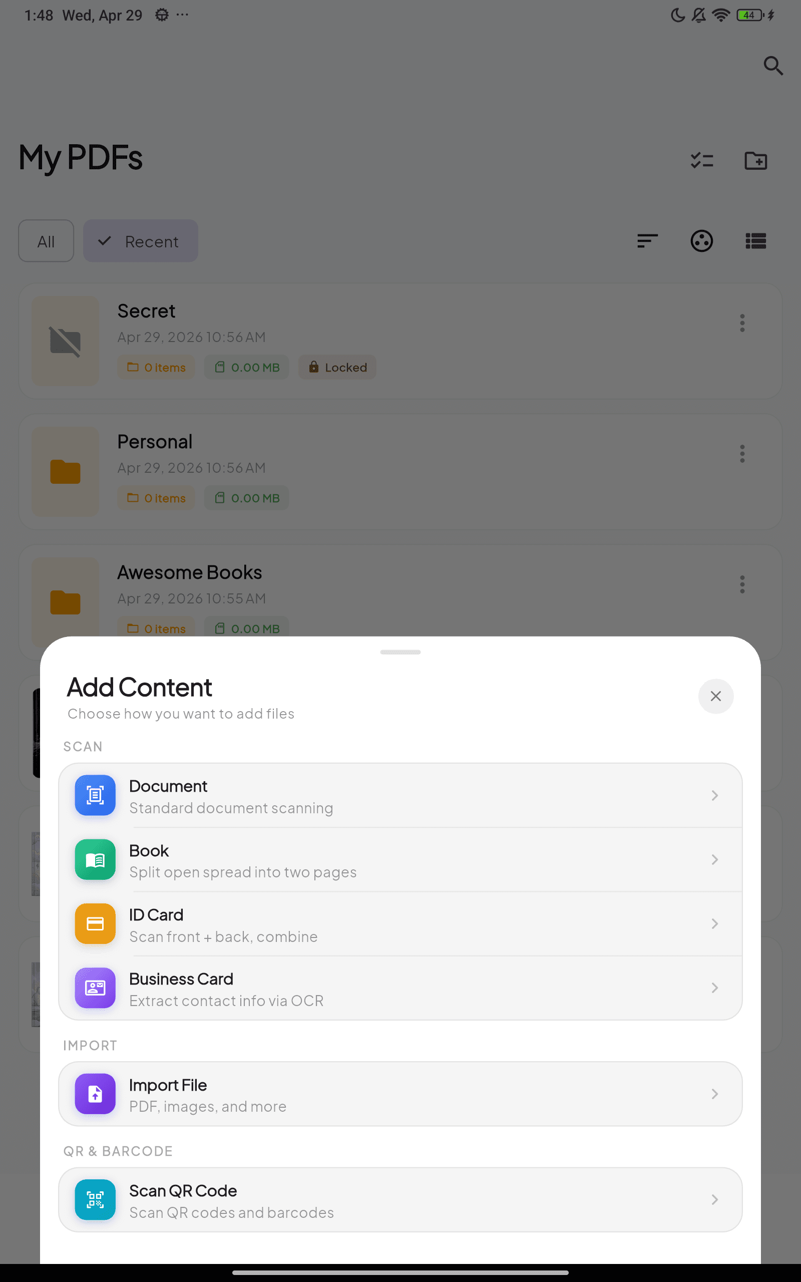 Quick-add sheet adapts to large screens.